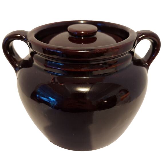 Bean Pot Brown Stoneware Ceramic Glazed 2 Handle Ovenproof w/Lid Antique Prim - Picture 1 of 16
